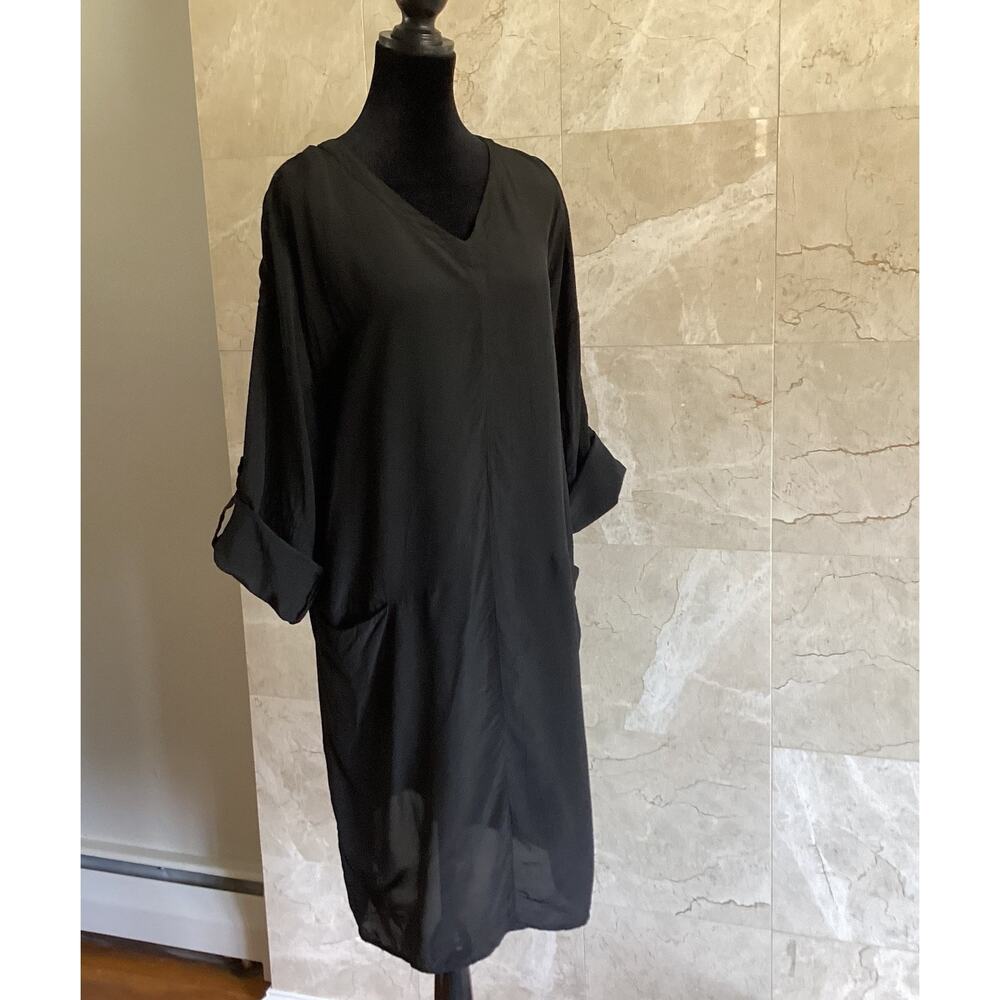 Sara Lanzi Minimalist Midi Shift Dress Medium Black Lagenlook Quiet Luxury Rare